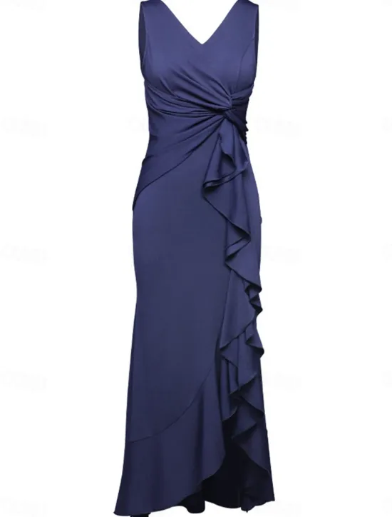 Best Women's Bodycon Maxi Dress Ruffle Split Cocktail Party Elegant Formal V Neck Sleeveless Black Wine Navy Blue Color Women Cocktail Dress