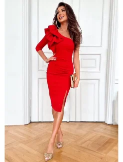 New Women's Bodycon Midi Dress Asymmetrical Split Thigh Date Elegant One Shoulder Half Sleeve Black Red Purple Color Women Cocktail Dress