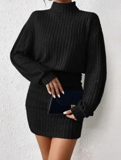 Hot Women's Bodycon Midi Dress High Waist Elegant Casual Turtleneck Long Sleeve Black Gray Color Women Cocktail Dress