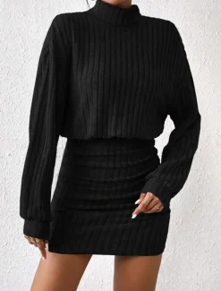Hot Women's Bodycon Midi Dress High Waist Elegant Casual Turtleneck Long Sleeve Black Gray Color Women Cocktail Dress