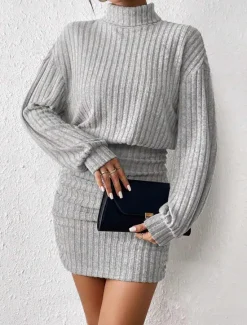 Hot Women's Bodycon Midi Dress High Waist Elegant Casual Turtleneck Long Sleeve Black Gray Color Women Cocktail Dress