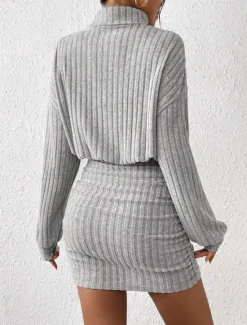 Hot Women's Bodycon Midi Dress High Waist Elegant Casual Turtleneck Long Sleeve Black Gray Color Women Cocktail Dress