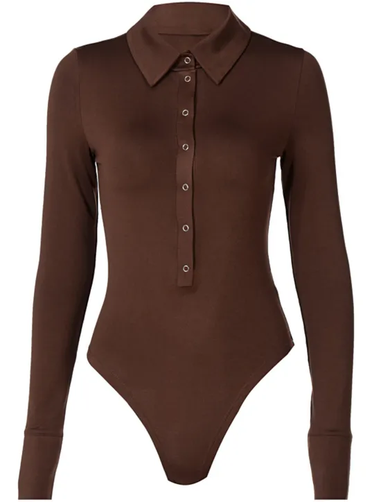 Discount Women's Bodysuit Button Solid Color Shirt Collar Streetwear Home Street Regular Fit Long Sleeve Black Brown White S M L Spring Cold Weather Women Bodysuits
