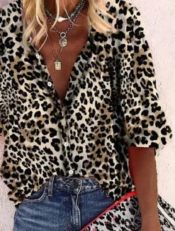 Outlet Women's Bohemia Vintage V Neck 3/4 Length Sleeve Floral Graphic Leopard Daily Regular Tops Daily Holiday Beach Wear Print Spring Fall Spring, Fall, Winter, Summer Women Blouses & Shirts