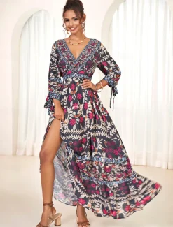 Online Women's Bohemian Maxi Dress V-Neck Long Sleeve Floral Belted Front Slit Navy Blue Pink Light Background Spring Summer Beach Party Casual Feminine Full Sizes Women Chiffon Dresses