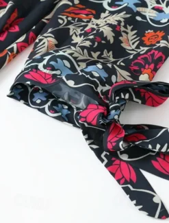 Online Women's Bohemian Maxi Dress V-Neck Long Sleeve Floral Belted Front Slit Navy Blue Pink Light Background Spring Summer Beach Party Casual Feminine Full Sizes Women Chiffon Dresses