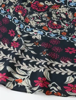 Online Women's Bohemian Maxi Dress V-Neck Long Sleeve Floral Belted Front Slit Navy Blue Pink Light Background Spring Summer Beach Party Casual Feminine Full Sizes Women Chiffon Dresses