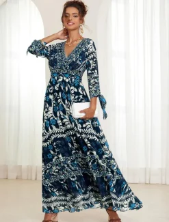 Online Women's Bohemian Maxi Dress V-Neck Long Sleeve Floral Belted Front Slit Navy Blue Pink Light Background Spring Summer Beach Party Casual Feminine Full Sizes Women Chiffon Dresses