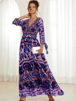 Online Women's Bohemian Maxi Dress V-Neck Long Sleeve Floral Belted Front Slit Navy Blue Pink Light Background Spring Summer Beach Party Casual Feminine Full Sizes Women Chiffon Dresses