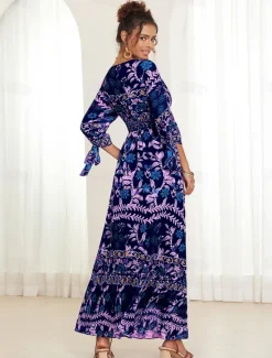 Online Women's Bohemian Maxi Dress V-Neck Long Sleeve Floral Belted Front Slit Navy Blue Pink Light Background Spring Summer Beach Party Casual Feminine Full Sizes Women Chiffon Dresses