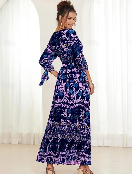 Online Women's Bohemian Maxi Dress V-Neck Long Sleeve Floral Belted Front Slit Navy Blue Pink Light Background Spring Summer Beach Party Casual Feminine Full Sizes Women Chiffon Dresses