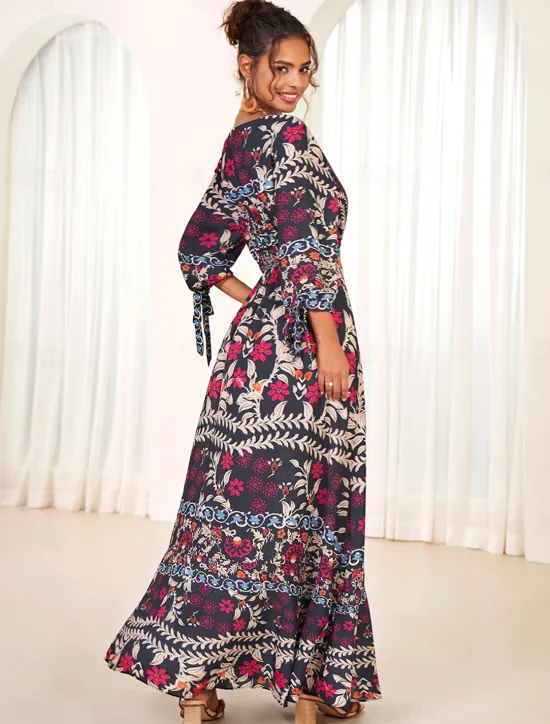 Online Women's Bohemian Maxi Dress V-Neck Long Sleeve Floral Belted Front Slit Navy Blue Pink Light Background Spring Summer Beach Party Casual Feminine Full Sizes Women Chiffon Dresses