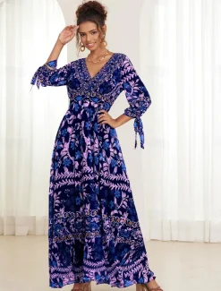 Online Women's Bohemian Maxi Dress V-Neck Long Sleeve Floral Belted Front Slit Navy Blue Pink Light Background Spring Summer Beach Party Casual Feminine Full Sizes Women Chiffon Dresses