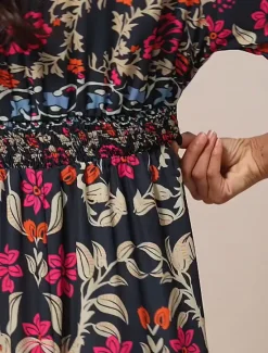 Online Women's Bohemian Maxi Dress V-Neck Long Sleeve Floral Belted Front Slit Navy Blue Pink Light Background Spring Summer Beach Party Casual Feminine Full Sizes Women Chiffon Dresses