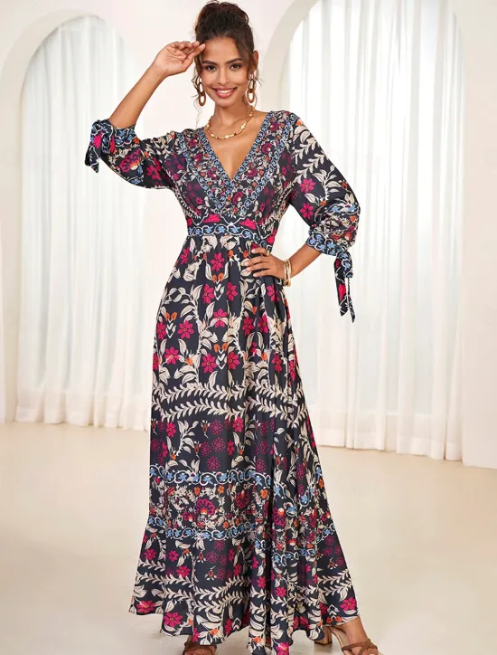 Online Women's Bohemian Maxi Dress V-Neck Long Sleeve Floral Belted Front Slit Navy Blue Pink Light Background Spring Summer Beach Party Casual Feminine Full Sizes Women Chiffon Dresses