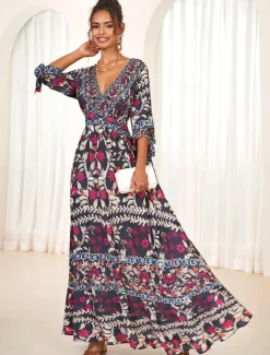 Online Women's Bohemian Maxi Dress V-Neck Long Sleeve Floral Belted Front Slit Navy Blue Pink Light Background Spring Summer Beach Party Casual Feminine Full Sizes Women Chiffon Dresses