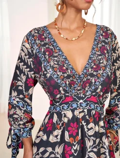 Online Women's Bohemian Maxi Dress V-Neck Long Sleeve Floral Belted Front Slit Navy Blue Pink Light Background Spring Summer Beach Party Casual Feminine Full Sizes Women Chiffon Dresses