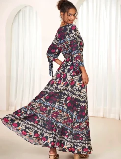 Online Women's Bohemian Maxi Dress V-Neck Long Sleeve Floral Belted Front Slit Navy Blue Pink Light Background Spring Summer Beach Party Casual Feminine Full Sizes Women Chiffon Dresses