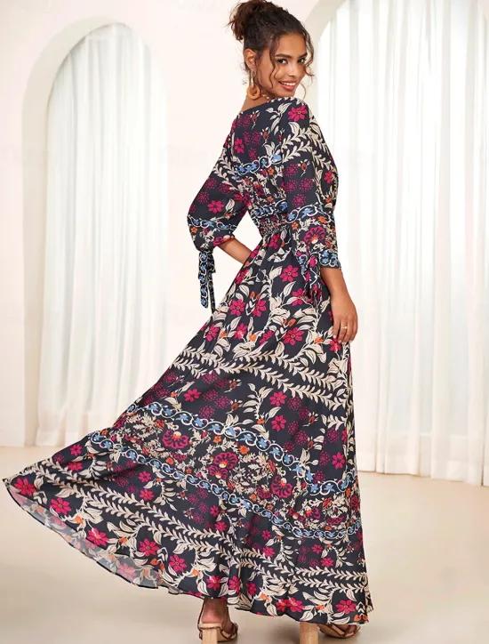 Online Women's Bohemian Maxi Dress V-Neck Long Sleeve Floral Belted Front Slit Navy Blue Pink Light Background Spring Summer Beach Party Casual Feminine Full Sizes Women Chiffon Dresses