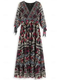 Online Women's Bohemian Maxi Dress V-Neck Long Sleeve Floral Belted Front Slit Navy Blue Pink Light Background Spring Summer Beach Party Casual Feminine Full Sizes Women Chiffon Dresses