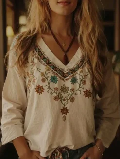 Women's Boho Blouse Floral Graphic Bohemia Vintage Tropical 3/4 Length Sleeve V Neck Regular Tops Summer Spring Women Blouses & Shirts