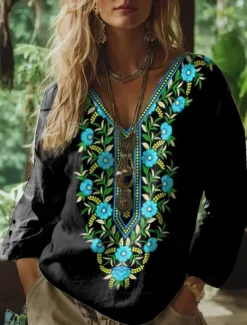Best Women's Boho Blouse Floral Graphic Paisley Bohemia Vintage Tropical 3/4 Length Sleeve V Neck Regular Tops White Pink Green Summer Spring Women Blouses & Shirts