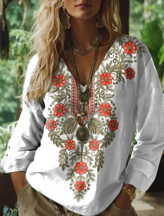 Best Women's Boho Blouse Floral Graphic Paisley Bohemia Vintage Tropical 3/4 Length Sleeve V Neck Regular Tops White Pink Green Summer Spring Women Blouses & Shirts