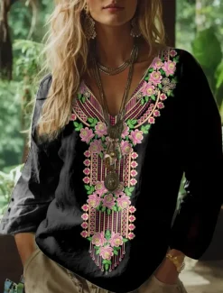 Best Women's Boho Blouse Floral Graphic Paisley Bohemia Vintage Tropical 3/4 Length Sleeve V Neck Regular Tops White Pink Green Summer Spring Women Blouses & Shirts