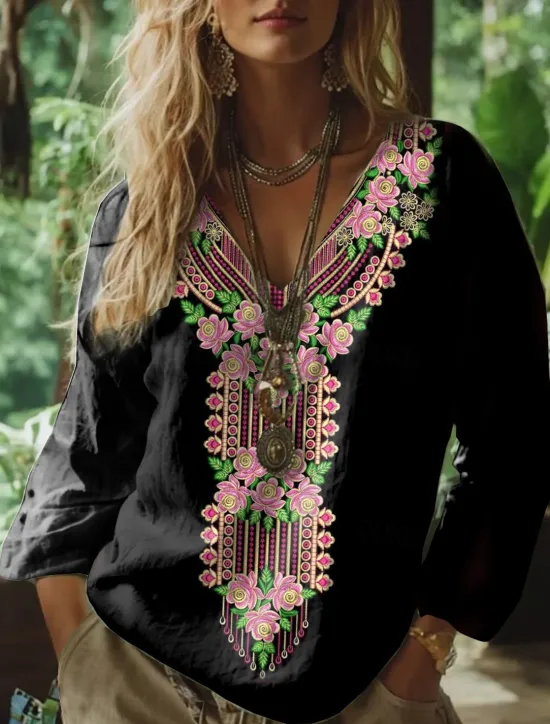 Best Women's Boho Blouse Floral Graphic Paisley Bohemia Vintage Tropical 3/4 Length Sleeve V Neck Regular Tops White Pink Green Summer Spring Women Blouses & Shirts