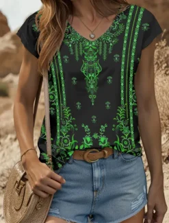 Online Women's Boho Camisole Tank Top Graphic Geometric Vintage Stylish Classic Sleeveless Short Sleeve V Neck Regular Tops Daily Print Yellow Red Blue Purple Green Summer Spring Women Tank Tops & Camis