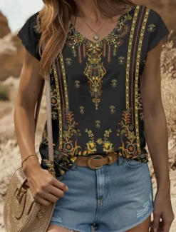 Online Women's Boho Camisole Tank Top Graphic Geometric Vintage Stylish Classic Sleeveless Short Sleeve V Neck Regular Tops Daily Print Yellow Red Blue Purple Green Summer Spring Women Tank Tops & Camis