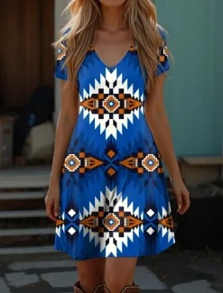 Online Women's Boho Dress Western Dress Vintage Mini Dress T Shirt Dress Tee Dress Summer Dress Vacation Casual Beach Going out Regular Fit Graphic Tribal Short Sleeve V Neck Red Blue Purple Green Summer Women Casual Dress