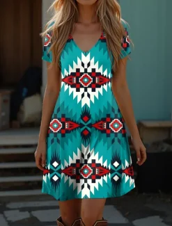 Online Women's Boho Dress Western Dress Vintage Mini Dress T Shirt Dress Tee Dress Summer Dress Vacation Casual Beach Going out Regular Fit Graphic Tribal Short Sleeve V Neck Red Blue Purple Green Summer Women Casual Dress