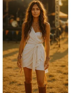 Hot Women's Boho Dress Western Dress Vintage Mini Dress A Line Dress Slip Dress Off The Shoulder Dress Vacation Casual Outdoor Going out Beach Regular Fit Solid Color Graphic Sleeveless One Shoulder Women Sundresses|Vacation Dresses