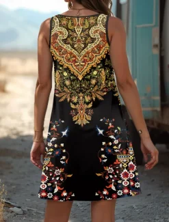 Discount Women's Boho Dress Western Dress Vintage Mini Dress A Line Dress Summer Dress Off The Shoulder Dress Vacation Casual Holiday Regular Fit Ombre Graphic Abstract Sleeveless U Neck Summer Women Sundresses|Vacation Dresses