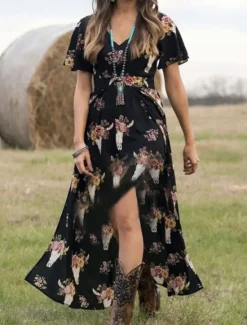 Sale Women's Boho Dress Western Dress Vintage Maxi Dress A Line Dress Summer Dress Vacation Casual Boho Daily Regular Fit Graphic Short Sleeve V Neck Summer Women Casual Dress
