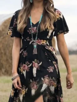 Sale Women's Boho Dress Western Dress Vintage Maxi Dress A Line Dress Summer Dress Vacation Casual Boho Daily Regular Fit Graphic Short Sleeve V Neck Summer Women Casual Dress