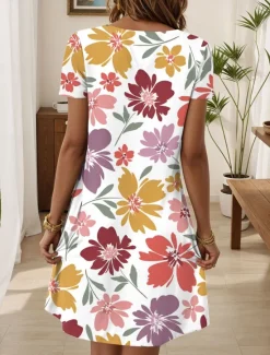Online Women's Boho Dress Western Dress Vintage Mini Dress T Shirt Dress Tee Dress Sundress Summer Dress Vacation Casual Beach Daily Going out Regular Fit Floral Graphic Short Sleeve V Neck White Blue Women Vacation Dresses