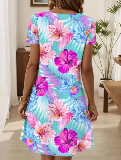 Online Women's Boho Dress Western Dress Vintage Mini Dress T Shirt Dress Tee Dress Sundress Summer Dress Vacation Casual Beach Daily Going out Regular Fit Floral Graphic Short Sleeve V Neck White Blue Women Vacation Dresses