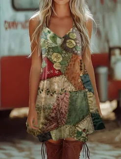 Sale Women's Boho Dress Western Dress Vintage Mini Dress Sundress A Line Dress Slip Dress Off The Shoulder Dress Vacation Casual Going out Beach Regular Fit Graphic Geometric Paisley Sleeveless V Neck Women Casual Dress