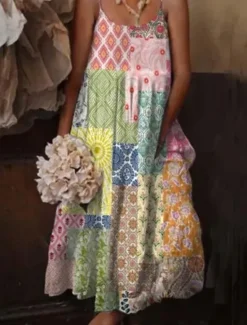 Outlet Women's Boho Maxi Dress Spaghetti Strap Patchwork Geometric Floral Prints Casual Beach Sundress Multicolored Free Size Spring Summer Apparel Women Spring Dresses|Floral Dresses