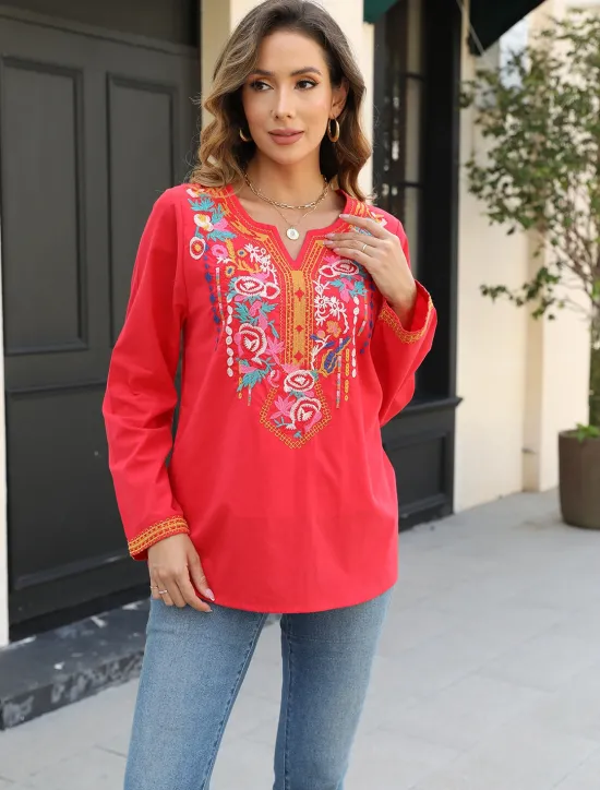 Clearance Women's Boho Shirt Floral Casual Long Sleeve Bishop Sleeve V Neck Regular Tops Vacation Work Daily Embroide Autumn / Fall Spring & Summer Women Boho Tops