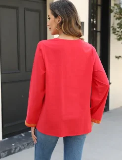 Clearance Women's Boho Shirt Floral Casual Long Sleeve Bishop Sleeve V Neck Regular Tops Vacation Work Daily Embroide Autumn / Fall Spring & Summer Women Boho Tops