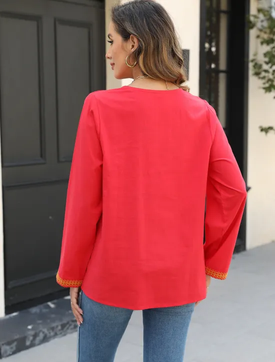 Clearance Women's Boho Shirt Floral Casual Long Sleeve Bishop Sleeve V Neck Regular Tops Vacation Work Daily Embroide Autumn / Fall Spring & Summer Women Boho Tops