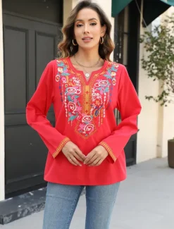 Clearance Women's Boho Shirt Floral Casual Long Sleeve Bishop Sleeve V Neck Regular Tops Vacation Work Daily Embroide Autumn / Fall Spring & Summer Women Boho Tops