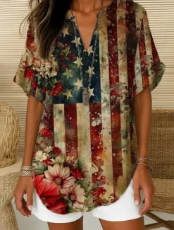 Hot Women's Boho Shirt Graphic Bohemia Vintage Daily Sleeveless Short Sleeve V Neck Regular Tops Daily Holiday Semi Formal White Red Blue Green Beige Summer Spring Women Independence Day Top