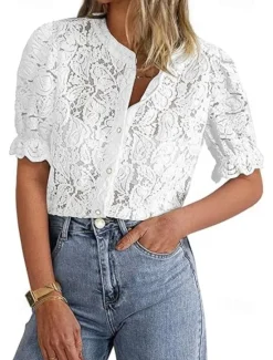 New Women's Boho Shirt Lace Shirt Dressy Tops Lace Tops Solid Color Elegant Cute Hawaiian Short Sleeve Lantern Sleeve Crew Neck Regular Tops Daily Holiday Going out Lace Buttons Black White Light Green Women Lace Tops|Blouses & Shirts