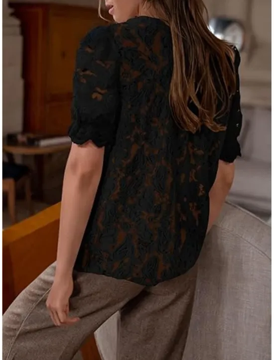 New Women's Boho Shirt Lace Shirt Dressy Tops Lace Tops Solid Color Elegant Cute Hawaiian Short Sleeve Lantern Sleeve Crew Neck Regular Tops Daily Holiday Going out Lace Buttons Black White Light Green Women Lace Tops|Blouses & Shirts