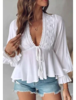 New Women's Boho Shirt Lace Shirt Blouse Plain Daily Stylish Casual Long Sleeve V Neck Regular Tops Work Daily Holiday Buttons Spring Women Lace Tops