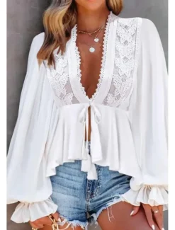 New Women's Boho Shirt Lace Shirt Blouse Plain Daily Stylish Casual Long Sleeve V Neck Regular Tops Work Daily Holiday Buttons Spring Women Lace Tops